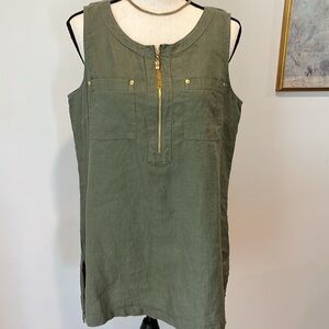 Ellen Tracy Olive Green Linen Gold Zipper Pockets Sleveless Tunic Top Washable M